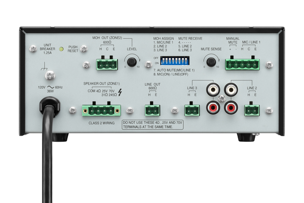 3-INPUT 35W MIXER AMPLIFIER, MOH OUTPUT, AUTO MUTE / SPEAKER OUTPUT 4OHM, 25V, OR 70V